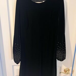 Calvin Klein Elegant Black Velvet Dress with Embellished Crystal Sleeves